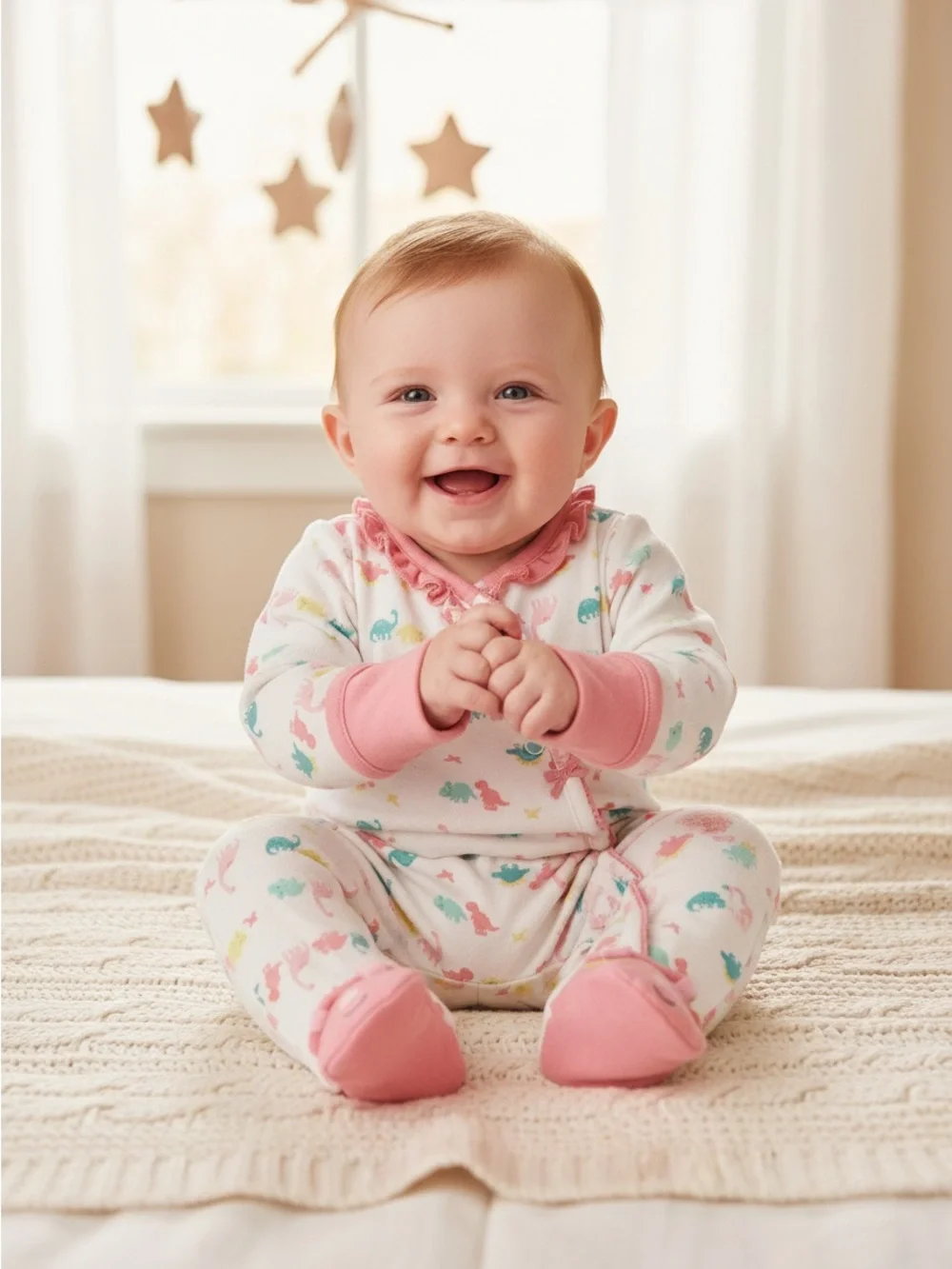 Pink Trim Baby One-Piece with Dinosaur Print
